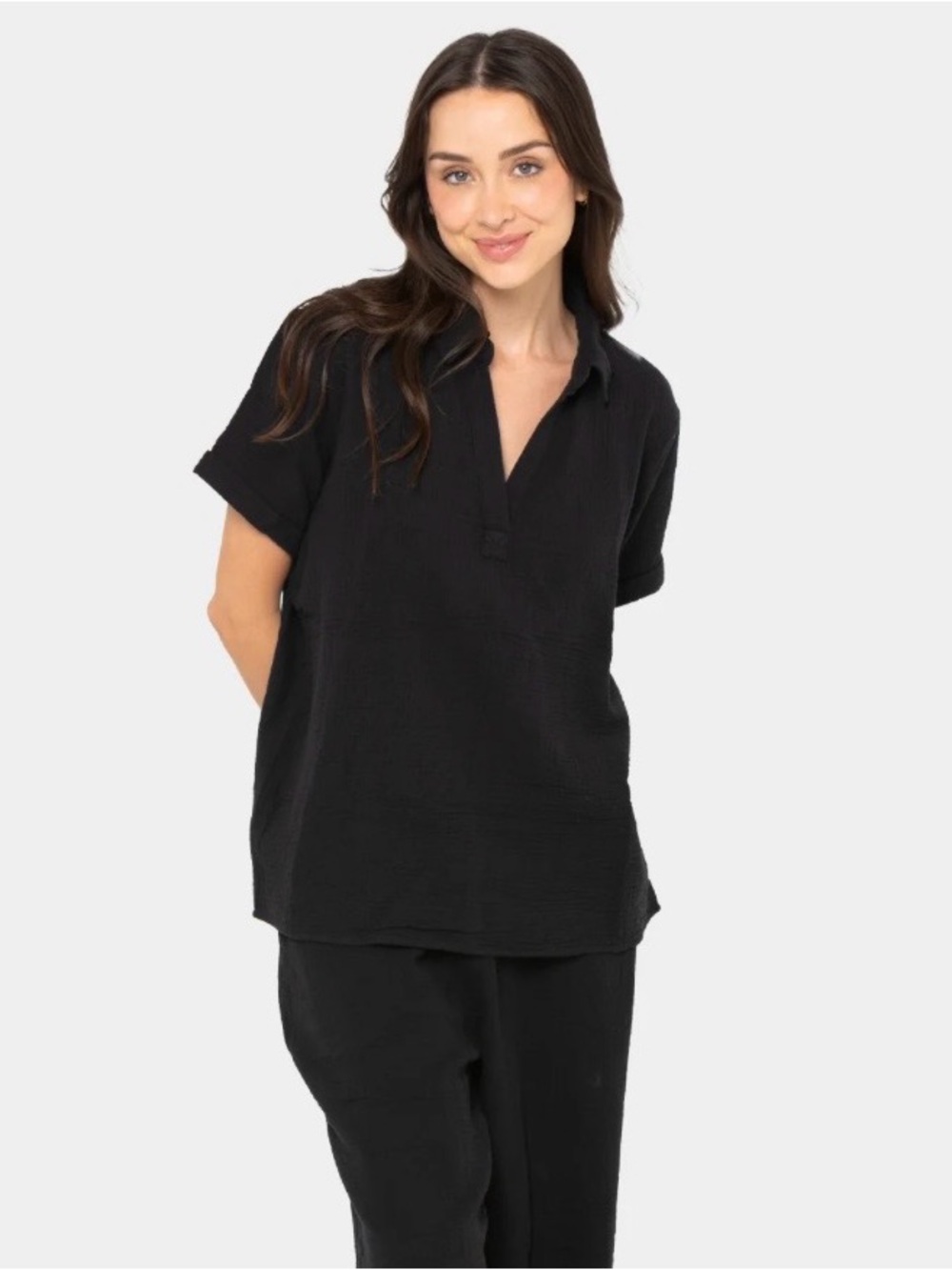 Peace Love World Boheme Black Short-Sleeve Gauze Popover Collared Top Women S